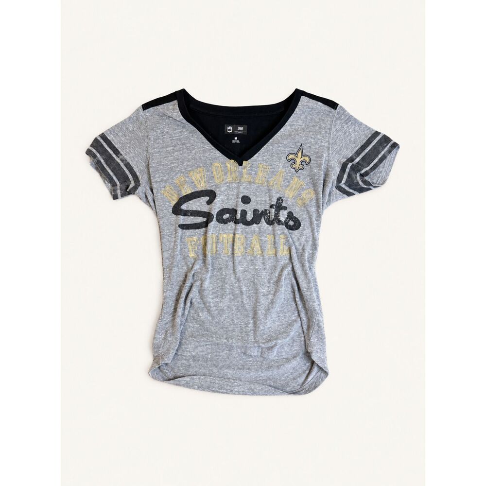 New Orleans Saints NFL Tee M Gray Gold V Neck Varsity Game Day Retro Football